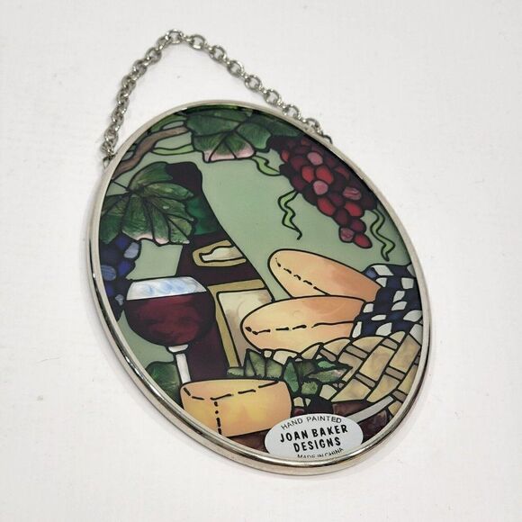 Joan Baker Designs Handpainted Glass Hanging Sun Catcher Wine & Cheese 4.5" x 3" - Picture 5 of 6